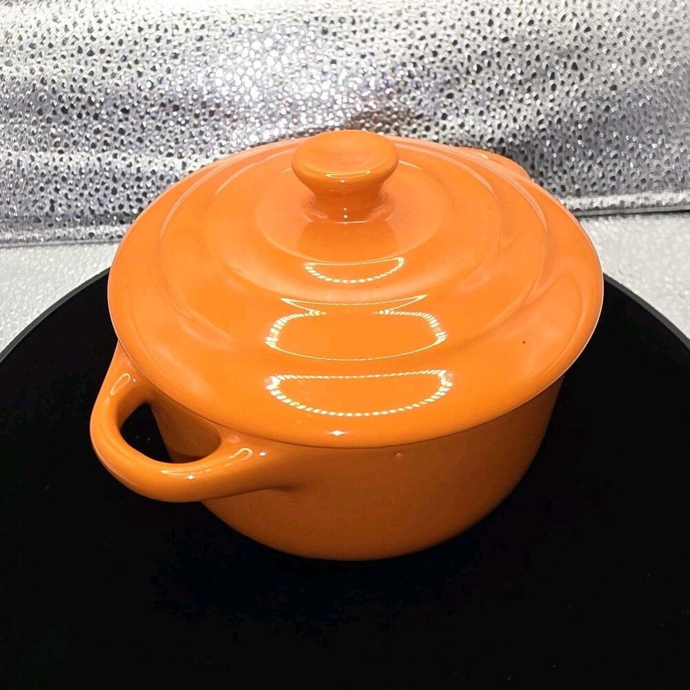 Ceramic Round Casserole Dish with Lid, Side Handles, Orange Glossy Finish